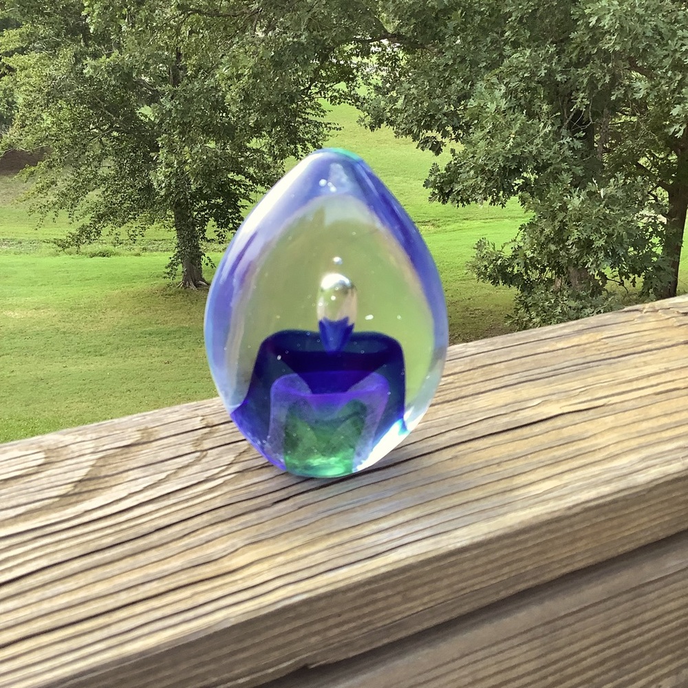 Paperweight Glass Cobalt Blue and Green Bubbles 5”